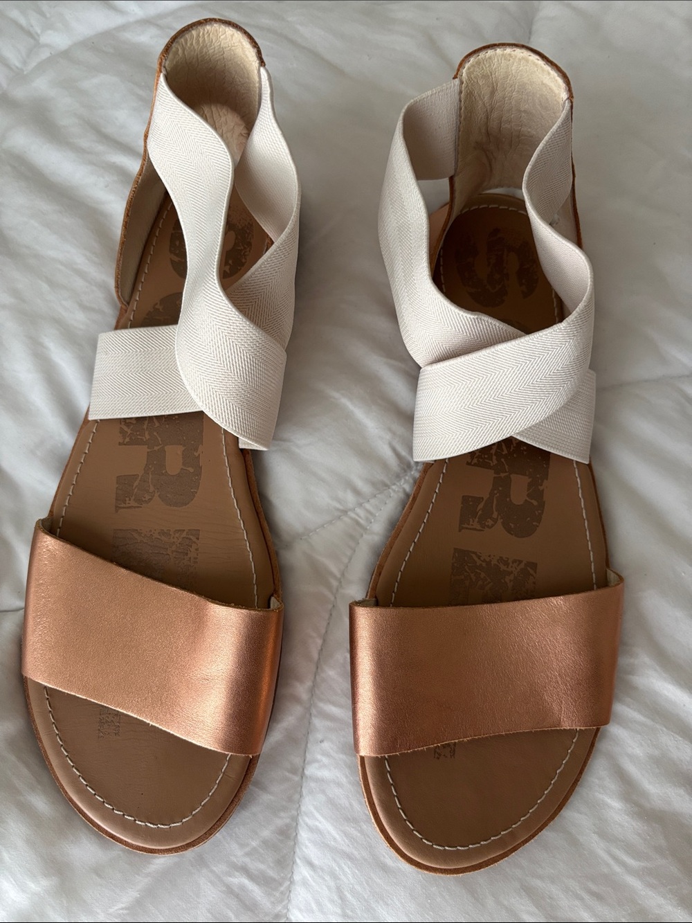 Sorel Metallic Rose Gold Leather Sandals with Cream Elastic Crossover Straps